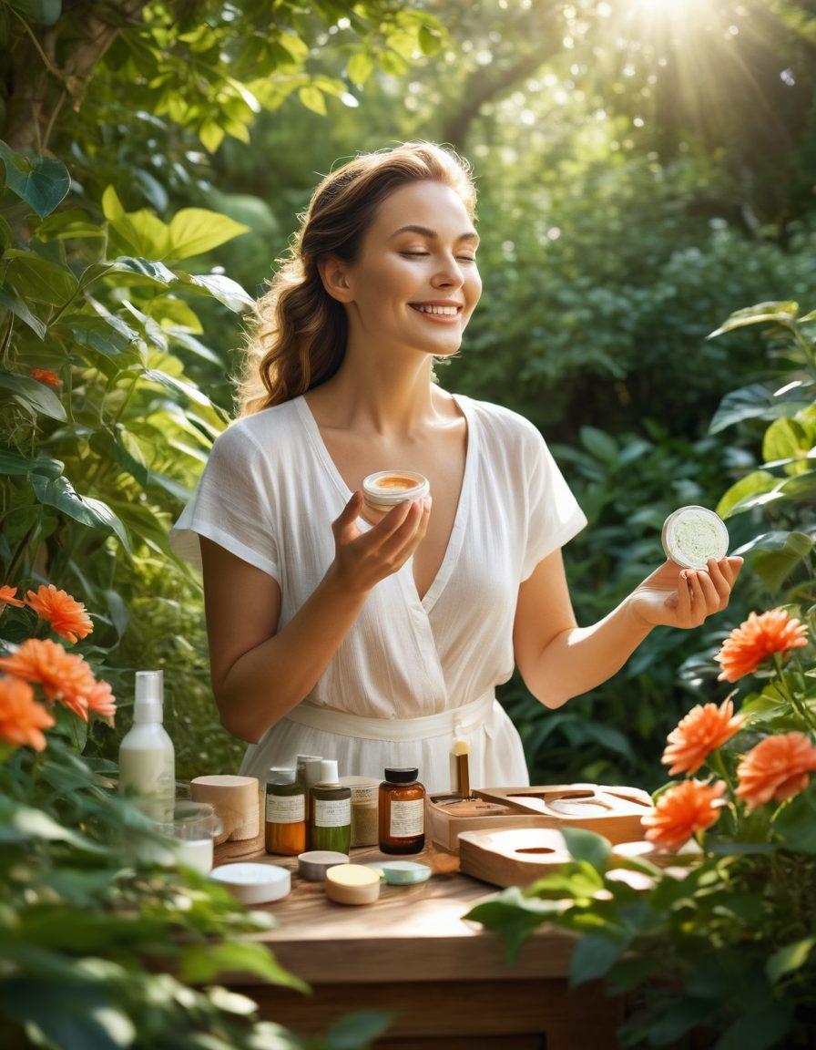 A serene and vibrant scene featuring a woman joyfully applying an eco-friendly beauty product in a natural setting, surrounded by lush greenery and blooming flowers. Capture the essence of happiness with radiant sunlight filtering through leaves, reflecting off the product. Incorporate elements like reusable containers, organic ingredients, and wildlife harmoniously coexisting. super-realistic. vibrant colors. organic textures.