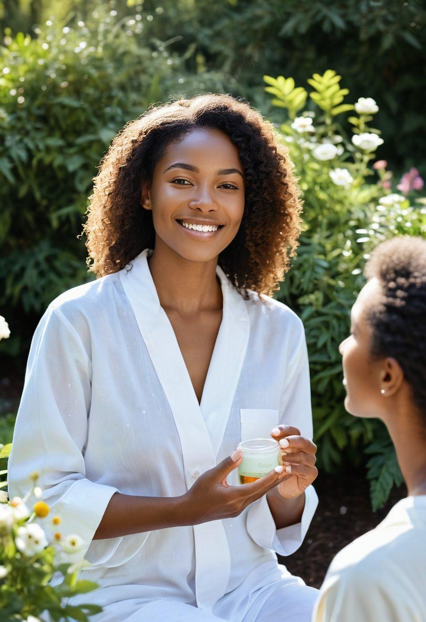 A serene and tranquil scene showcasing a diverse group of individuals practicing self-care with Aloette's holistic skincare products in a sunlit garden. Incorporate elements of nature, such as flowers and soft greenery, with soothing pastel colors that evoke a sense of calm and happiness. Include close-up shots of the skincare products being used, highlighting their textures and natural ingredients. Capture the joy in their expressions as they engage in this rejuvenating experience. super-realistic. vibrant colors. soft focus.