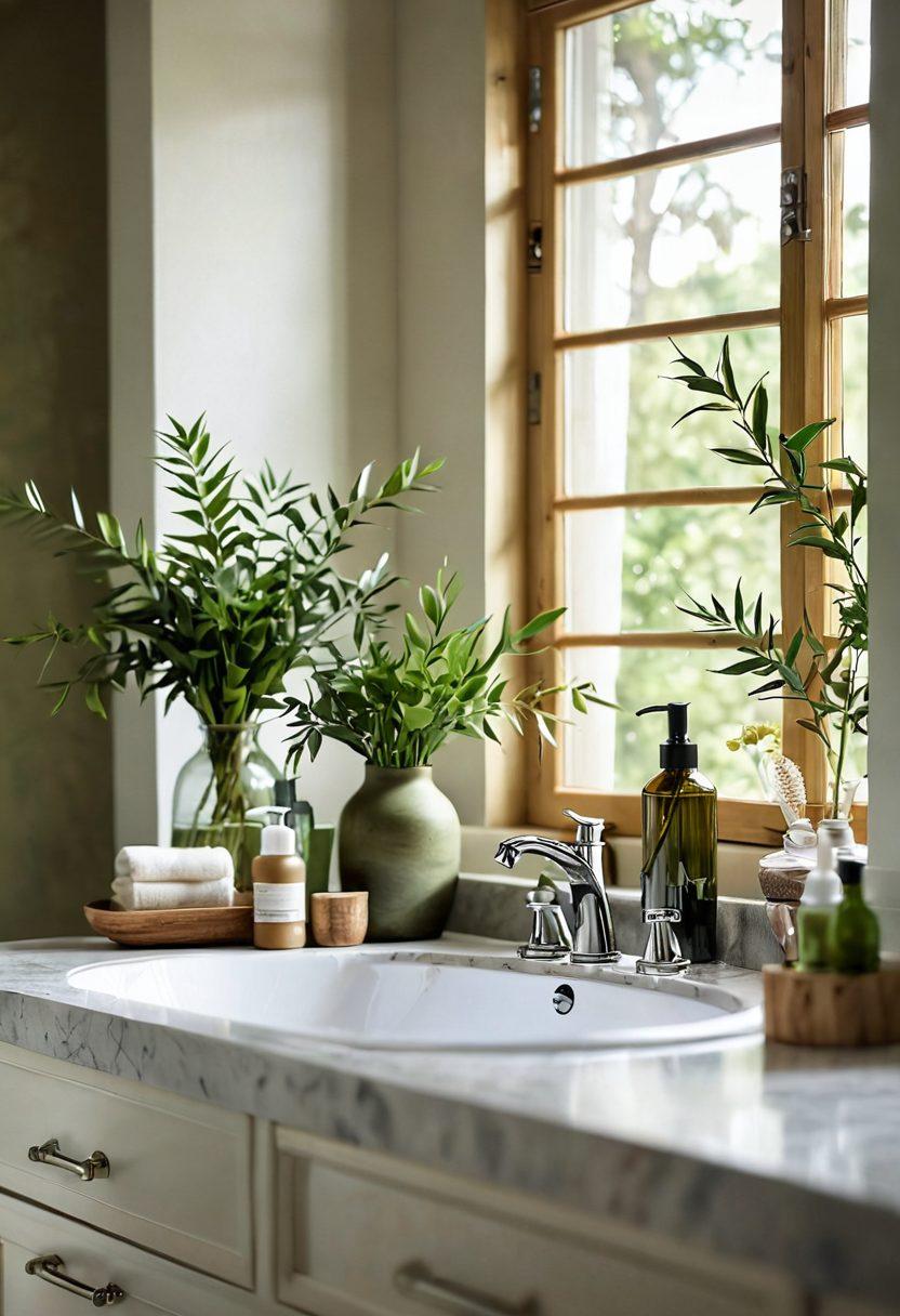 A serene bathroom setting adorned with lush green plants, a bamboo toothbrush, and glass containers filled with organic skincare products. Soft natural light streaming through a window, highlighting the beauty of nature-inspired decor. A touch of elegance is added with a hint of floral arrangements on the countertop. Emphasize sustainability through earthy tones and textures. super-realistic. vibrant colors. soft focus.